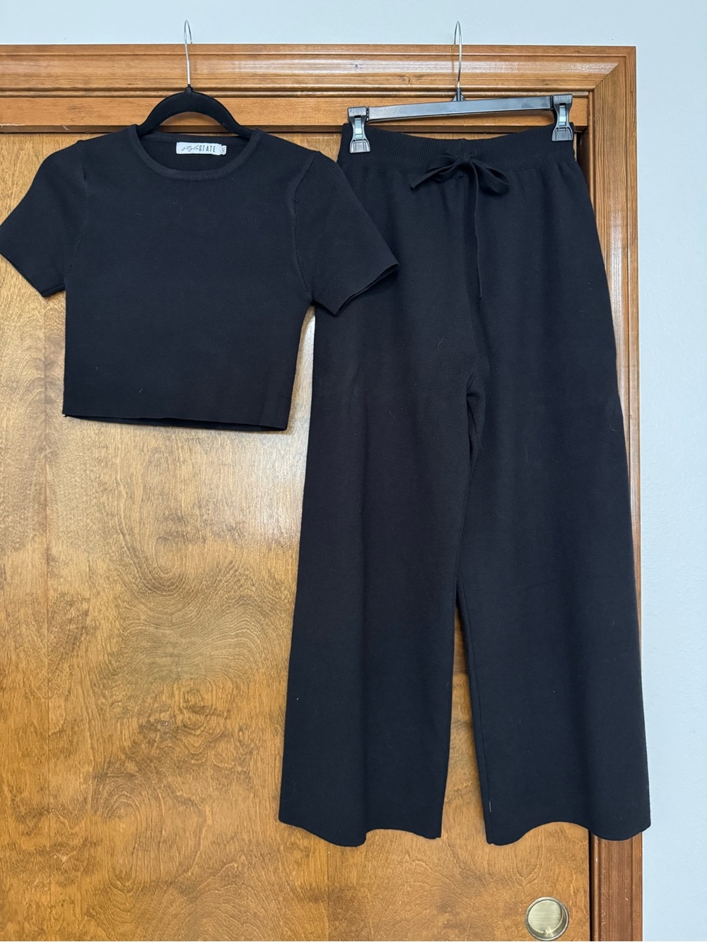 STATE Black Ribbed Crop Tee and Wide-Leg Drawstring Pants
